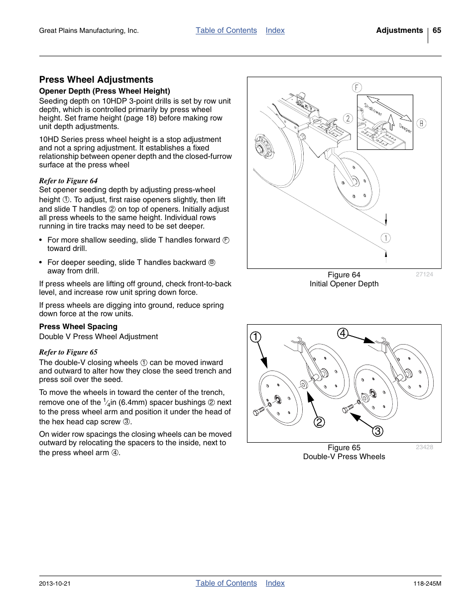 Press wheel adjustments, Opener depth (press wheel height), Press wheel spacing | Great Plains 2510HDP Operator Manual User Manual | Page 69 / 180