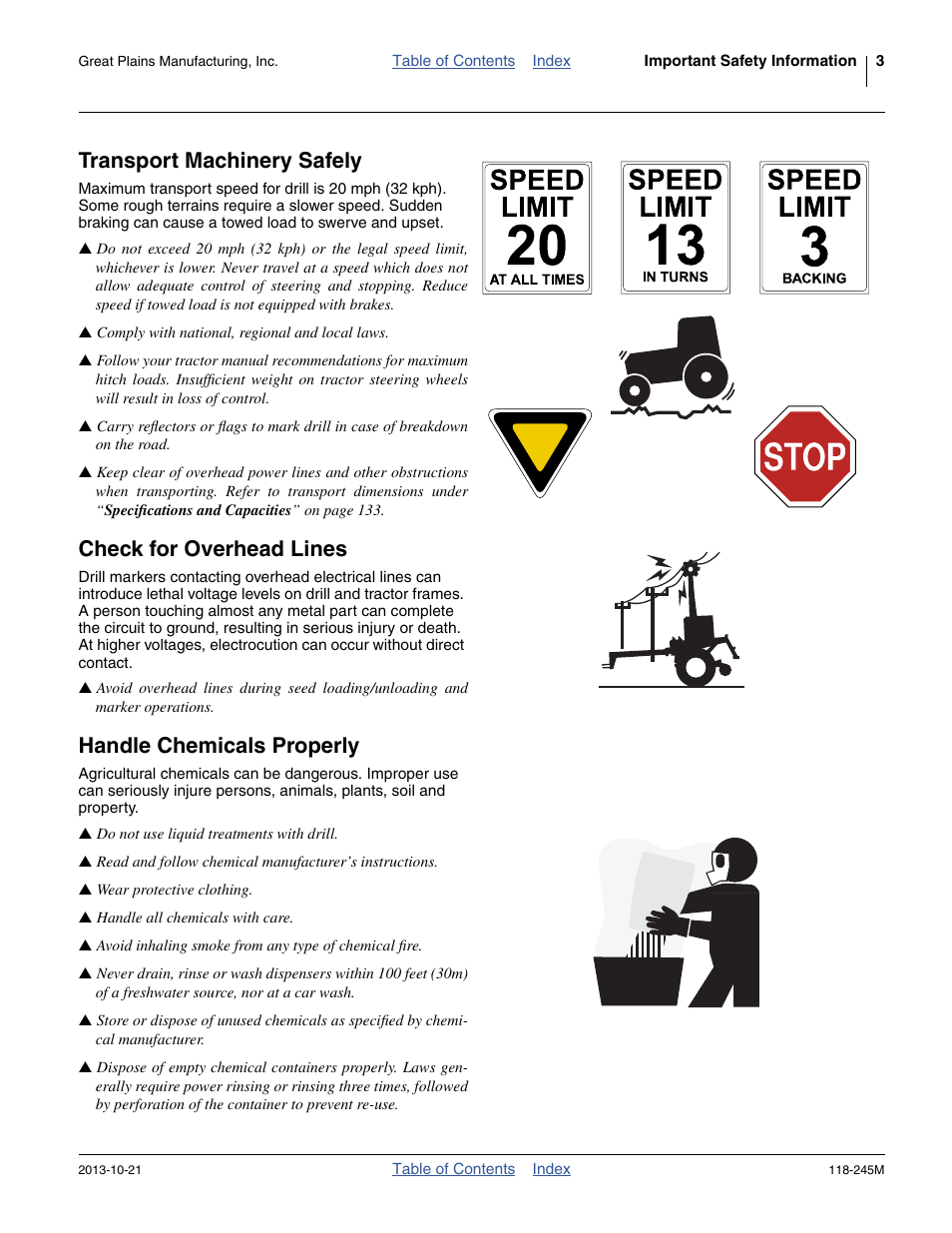 Transport machinery safely, Check for overhead lines, Handle chemicals properly | Great Plains 2510HDP Operator Manual User Manual | Page 7 / 180
