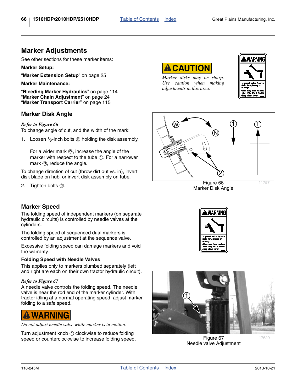 Marker adjustments, Marker disk angle, Marker speed | Folding speed with needle valves, Marker disk angle marker speed | Great Plains 2510HDP Operator Manual User Manual | Page 70 / 180