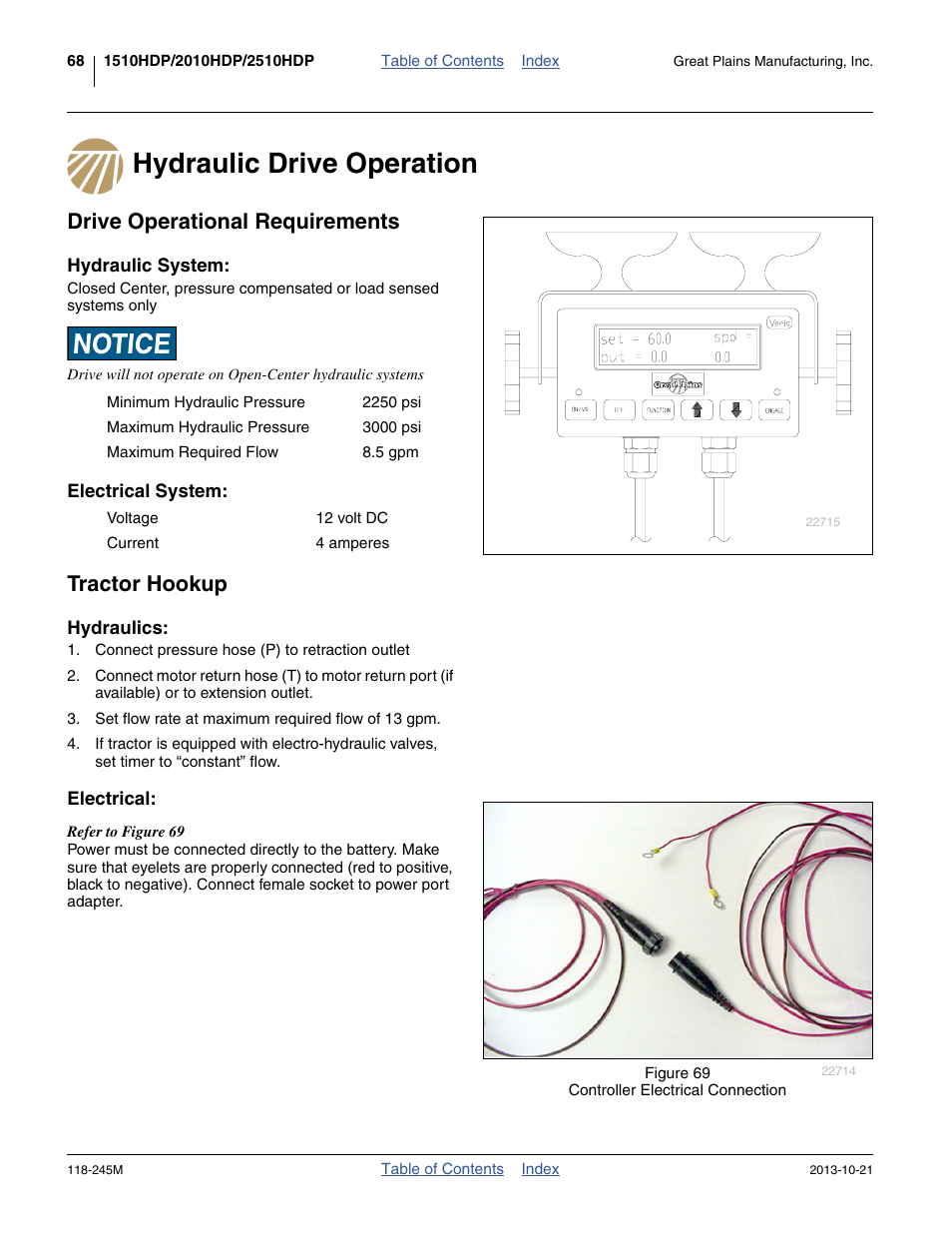 Hydraulic drive operation, Drive operational requirements, Hydraulic system | Electrical system, Tractor hookup, Hydraulics, Electrical, Hydraulic system: electrical system, Hydraulics: electrical | Great Plains 2510HDP Operator Manual User Manual | Page 72 / 180