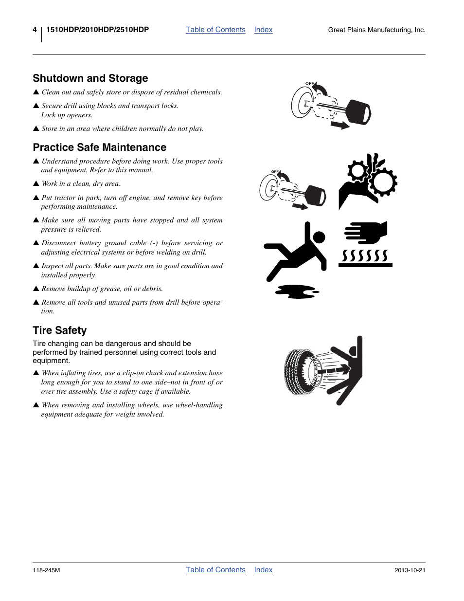 Shutdown and storage, Practice safe maintenance, Tire safety | Great Plains 2510HDP Operator Manual User Manual | Page 8 / 180