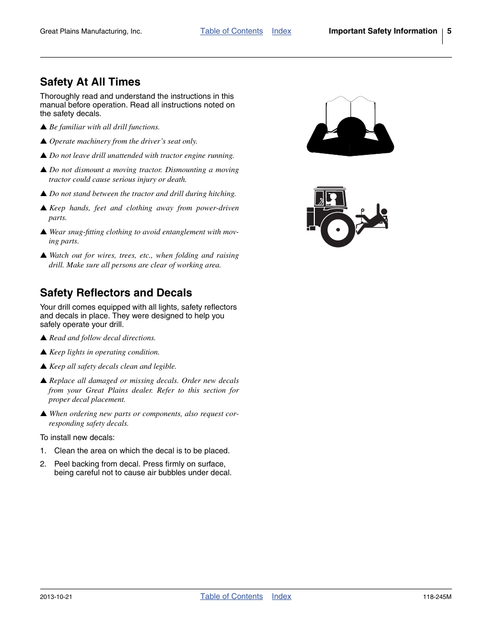 Safety at all times, Safety reflectors and decals | Great Plains 2510HDP Operator Manual User Manual | Page 9 / 180