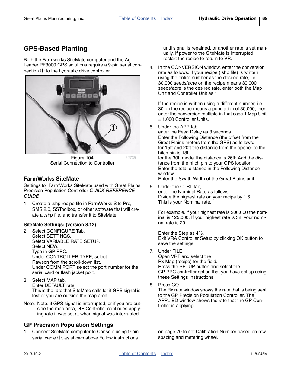 Gps-based planting, Farmworks sitemate, Sitemate settings: (version 8.12) | Gp precision population settings | Great Plains 2510HDP Operator Manual User Manual | Page 93 / 180