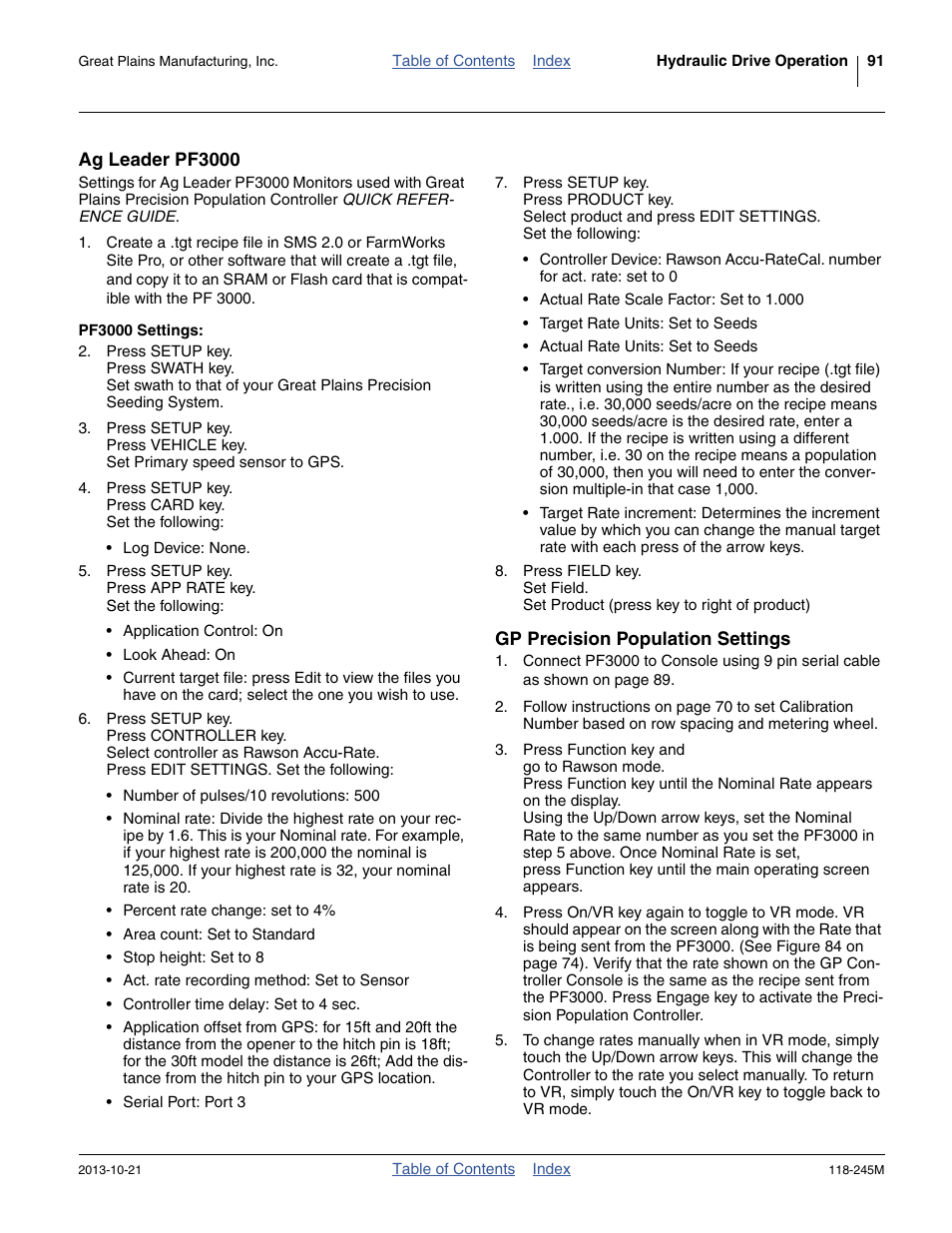Ag leader pf3000, Pf3000 settings, Gp precision population settings | Great Plains 2510HDP Operator Manual User Manual | Page 95 / 180