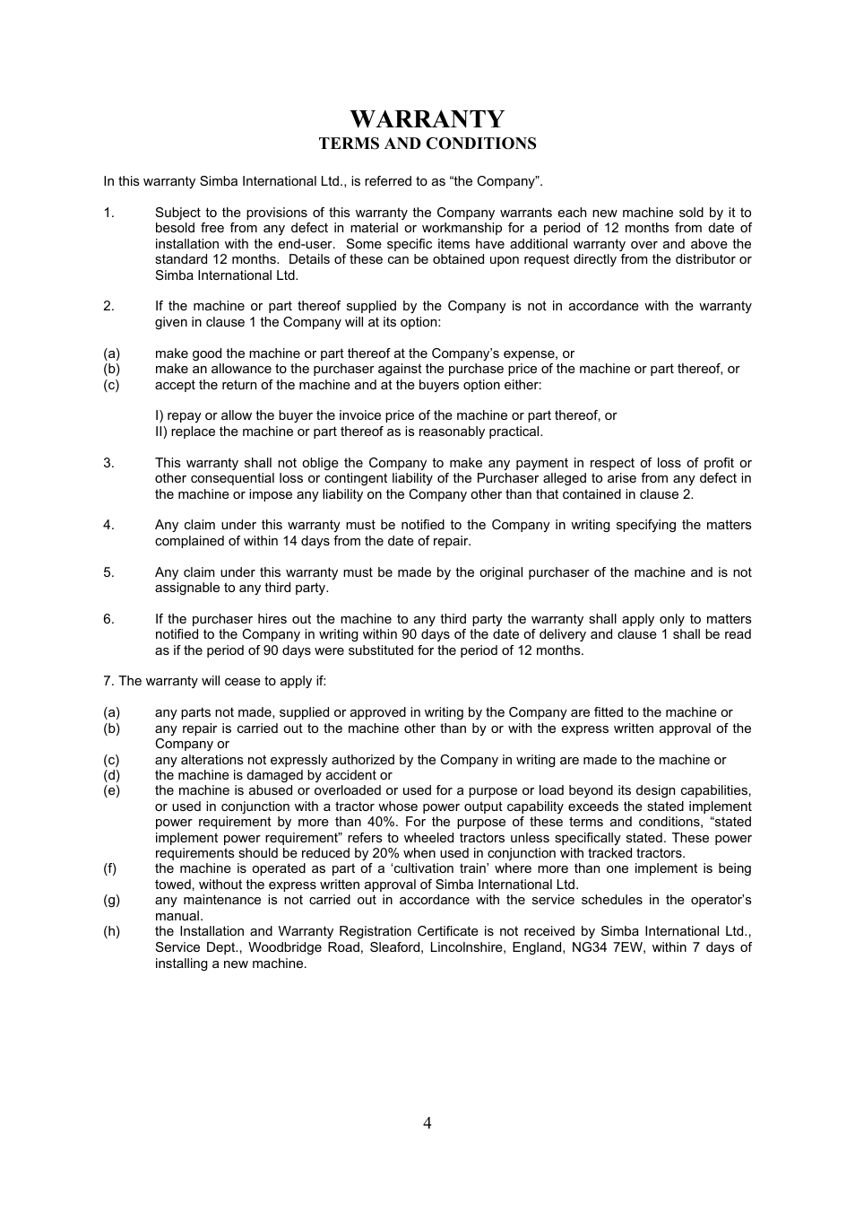 Warranty, Terms and conditions | Great Plains Uni-Press User Manual | Page 4 / 20