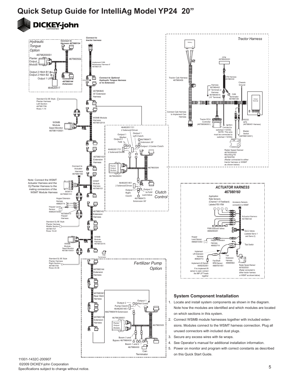Quick setup guide for intelliag model yp24 20, System component installation, Fertilizer pump option | Tractor harness, Clutch control, Hydraulic tongue option | Great Plains YP2425-3620 36 Row 20 Inch Quick Start User Manual | Page 5 / 5