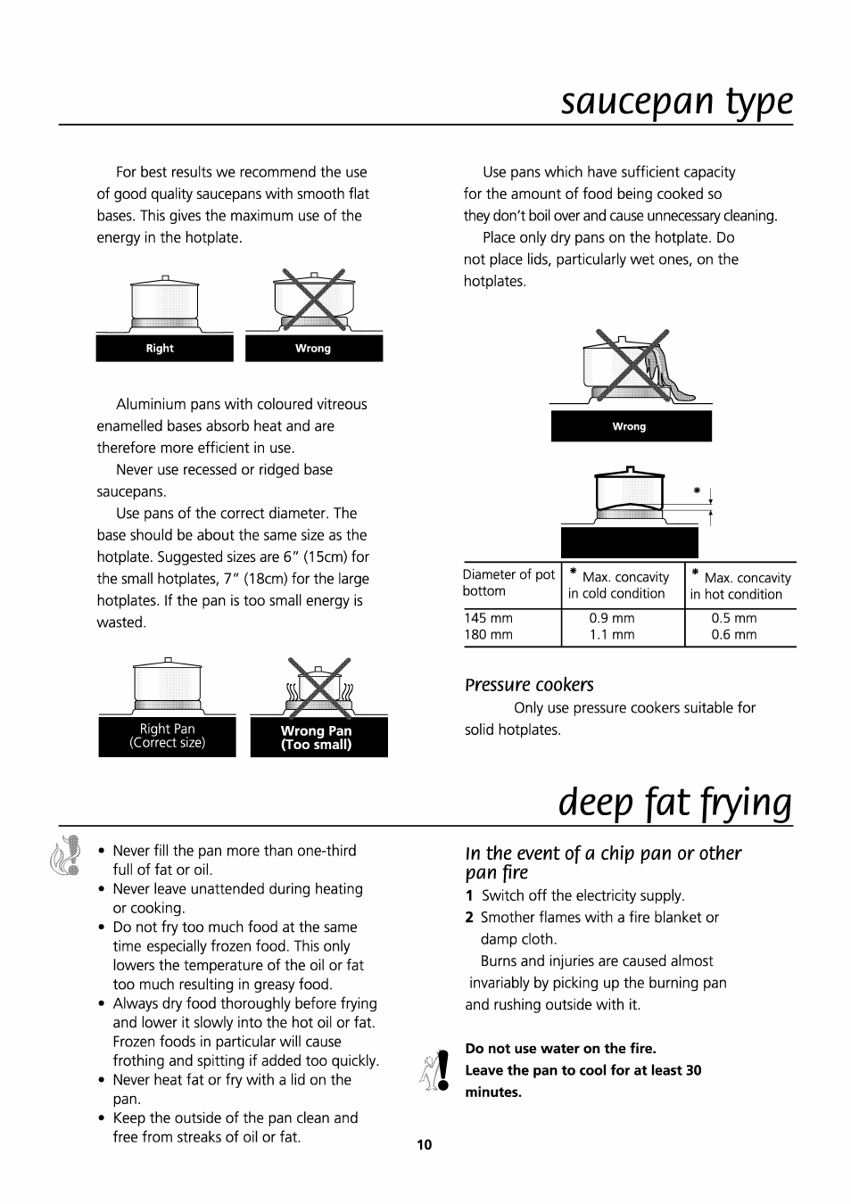 Pressure cookers, In the event of a chip pan or other pan fire, Saucepan type | Deep fat frying, Chip, Or other | Beko D531 User Manual | Page 10 / 16