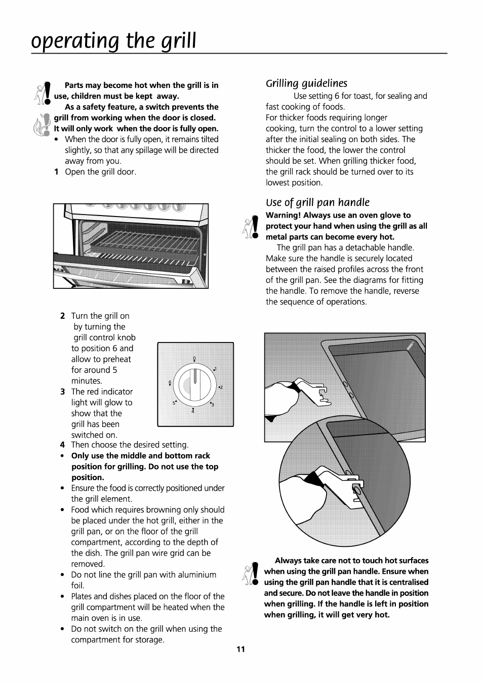 Use of grill pan handle, The grill, Operating | Beko D531 User Manual | Page 11 / 16