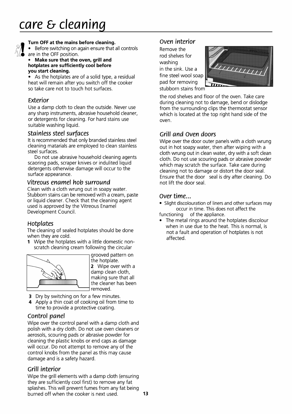 Exterior, Stainless steel surfaces, Vitreous enamel hob surround | Hotplates, Control panel, Grill interior, Grill and oven doors, Over time, Care, Cleaning | Beko D531 User Manual | Page 13 / 16