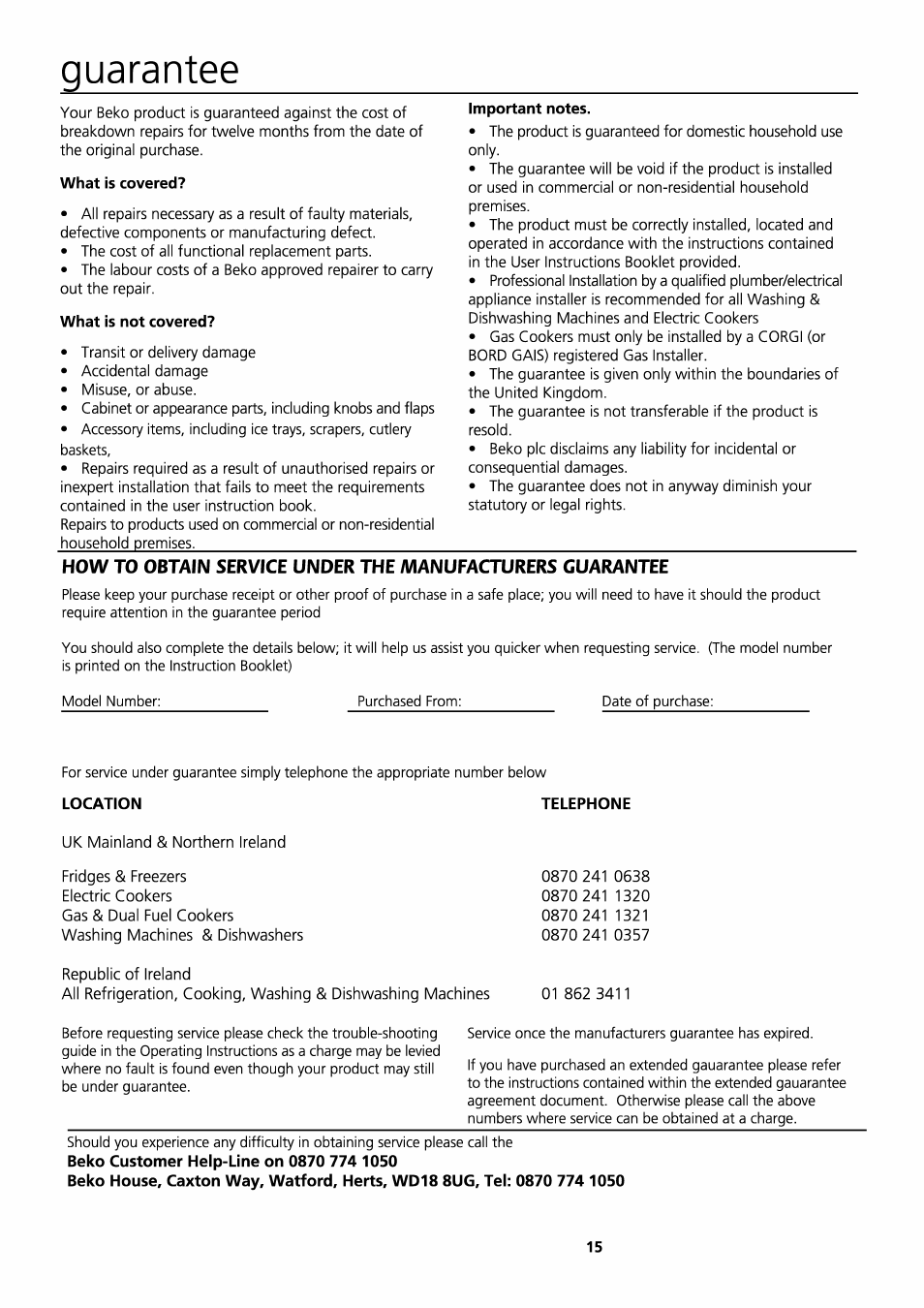 What is covered, What is not covered, Important notes | Guarantee | Beko D531 User Manual | Page 15 / 16
