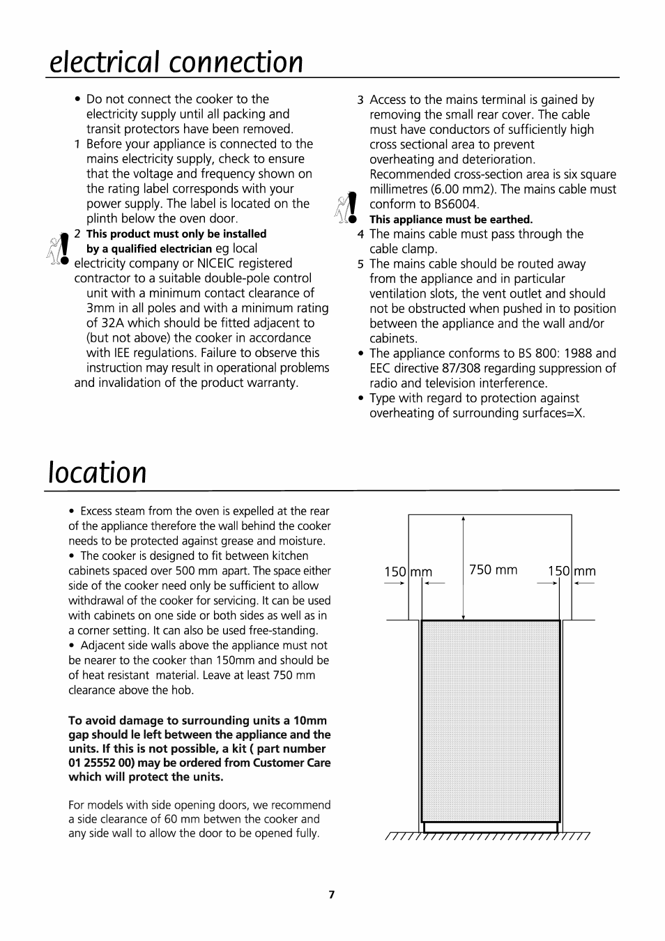 Electrical connection, Location | Beko D531 User Manual | Page 7 / 16
