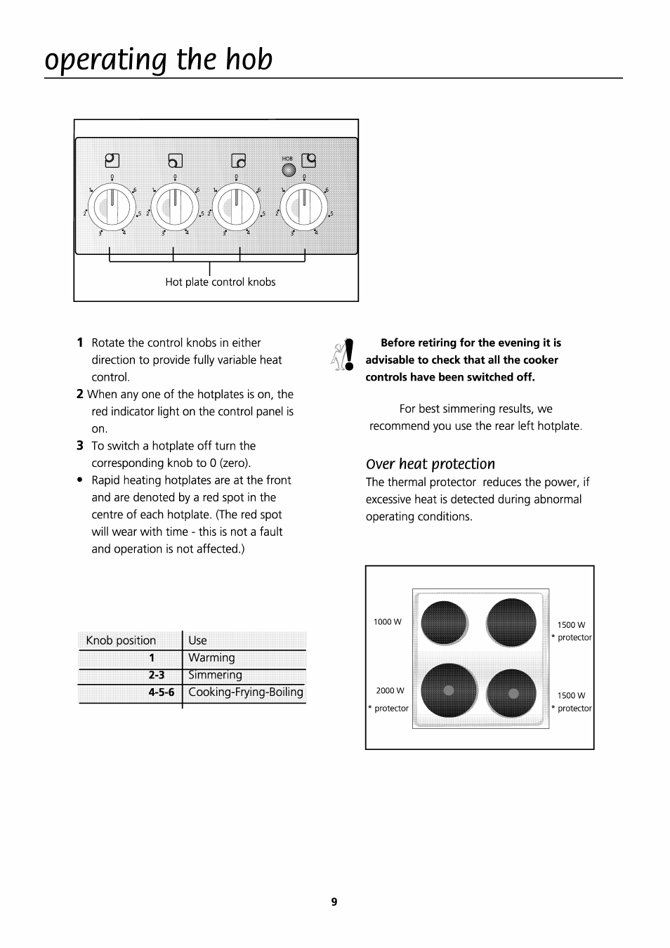 Over heat protection, Operating the hob | Beko D531 User Manual | Page 9 / 16