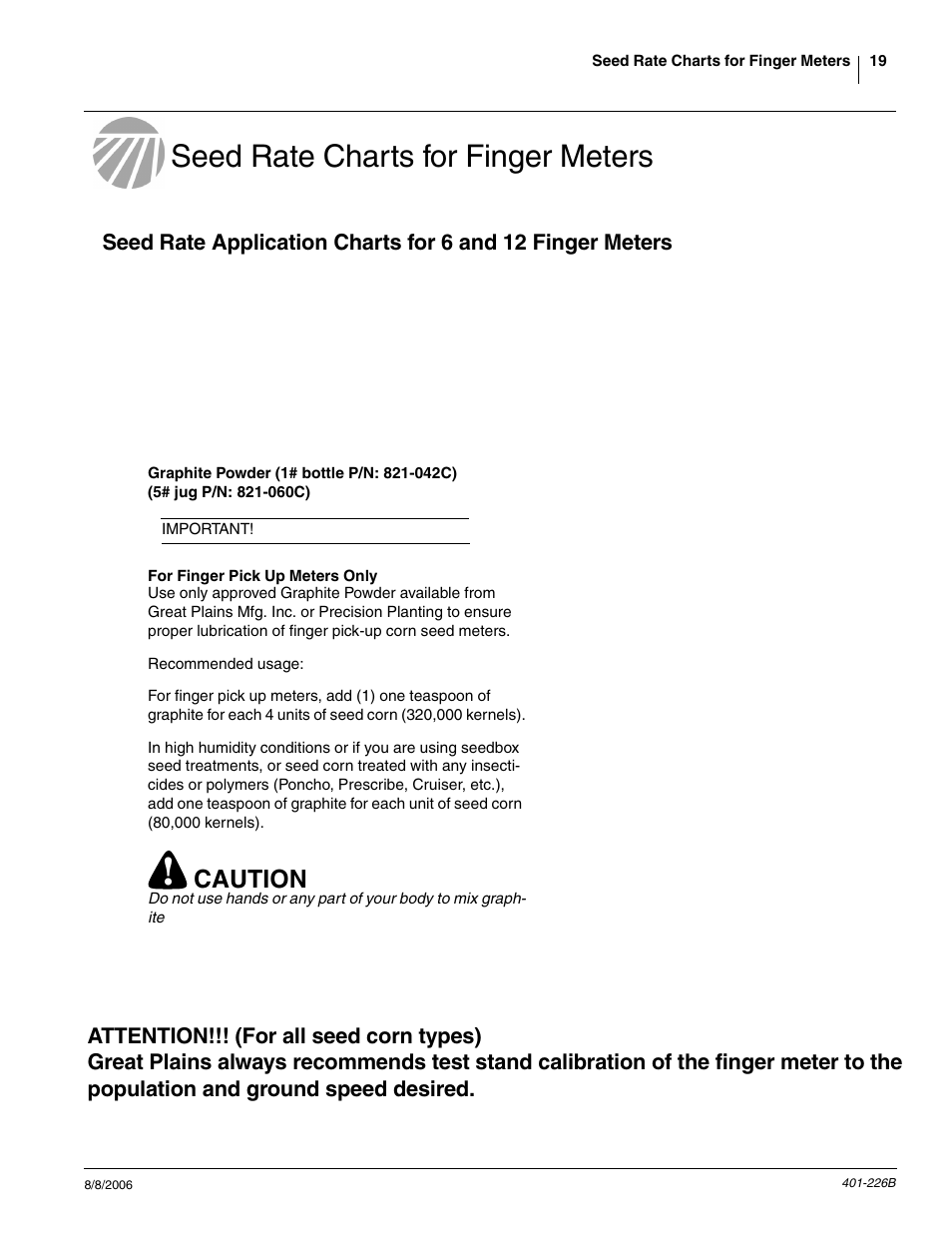 Seed rate charts for finger meters, Caution | Great Plains YP1625 Material Rate User Manual | Page 19 / 44