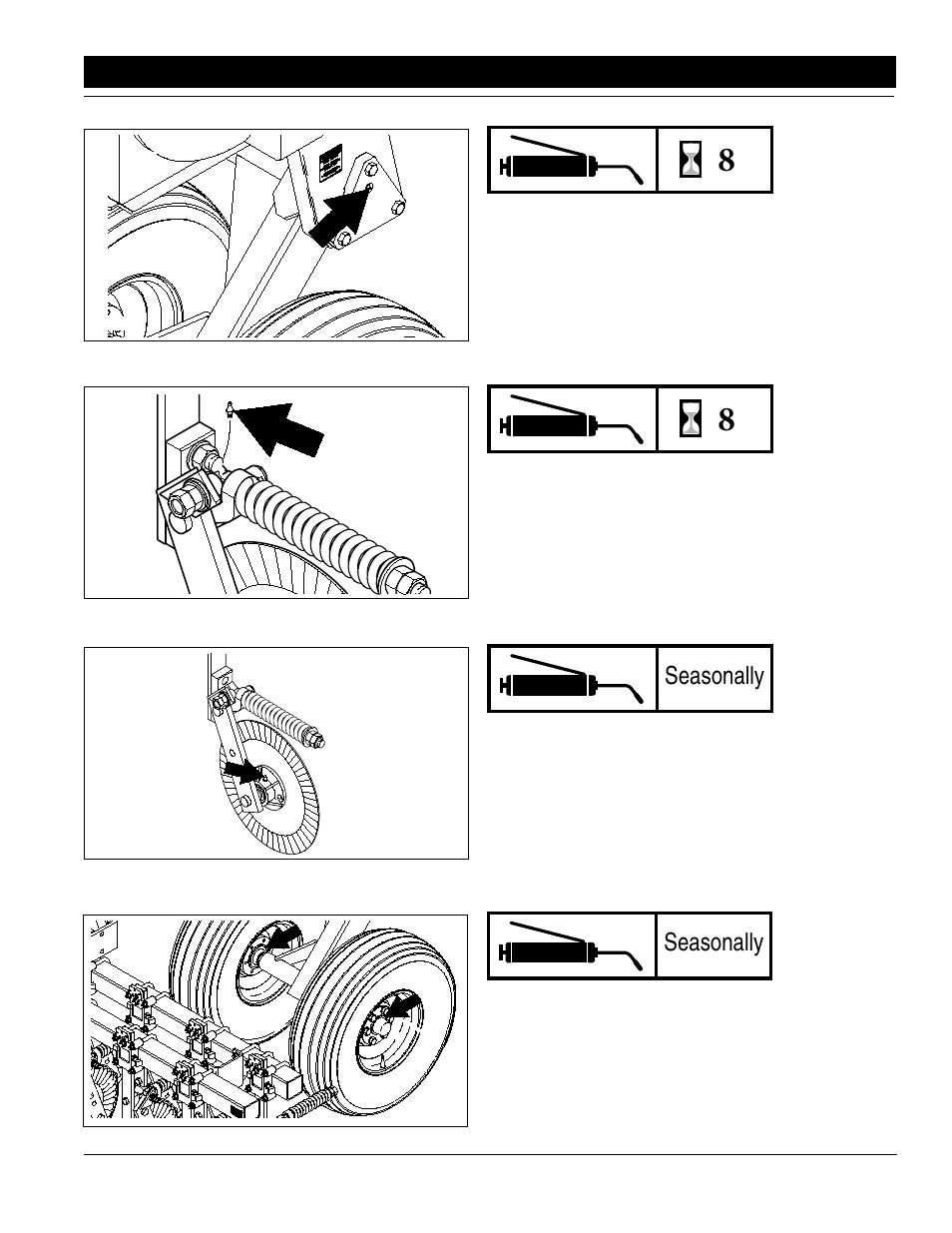 Seasonally, Coulter hub bearings, Center rockshaft 3-bolt bearing castings | Coulter swing arm pivot, Transport hub wheel bearings | Great Plains AS20 Operator Manual User Manual | Page 29 / 36