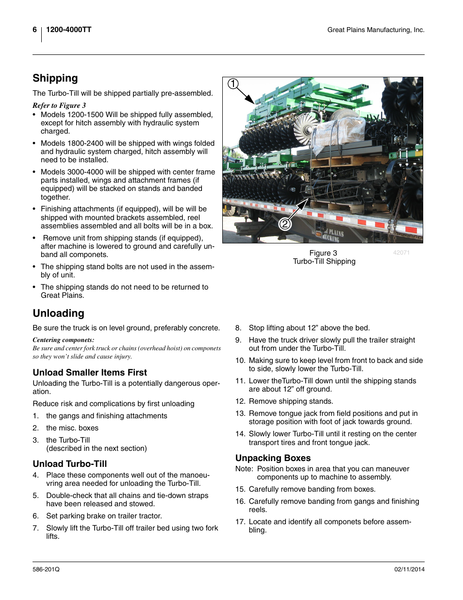 Shipping, Unloading, Unload smaller items first | Unload turbo-till, Unpacking boxes, Shipping unloading | Great Plains 4000TT Predelivery Manual User Manual | Page 10 / 72