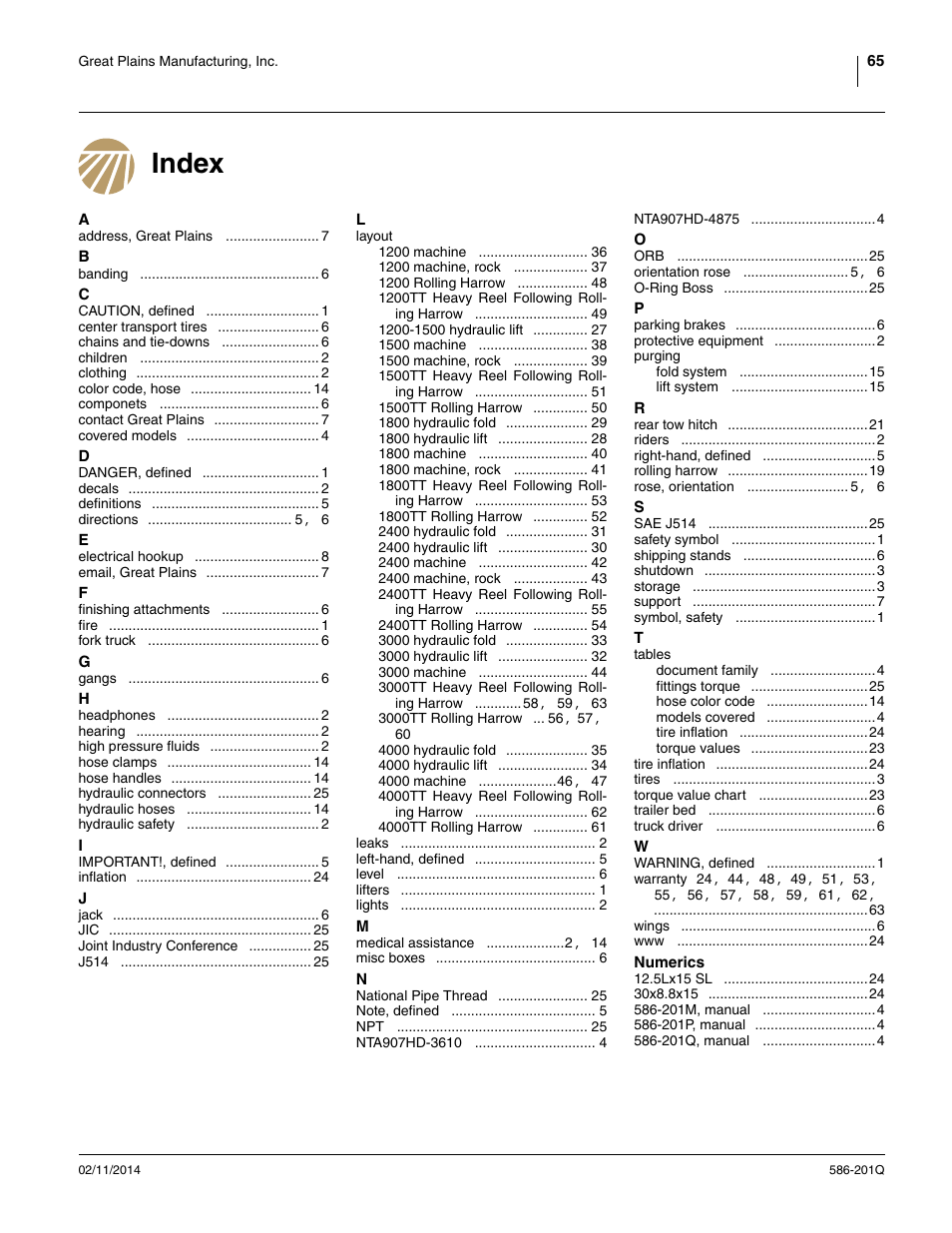 Index | Great Plains 4000TT Predelivery Manual User Manual | Page 69 / 72