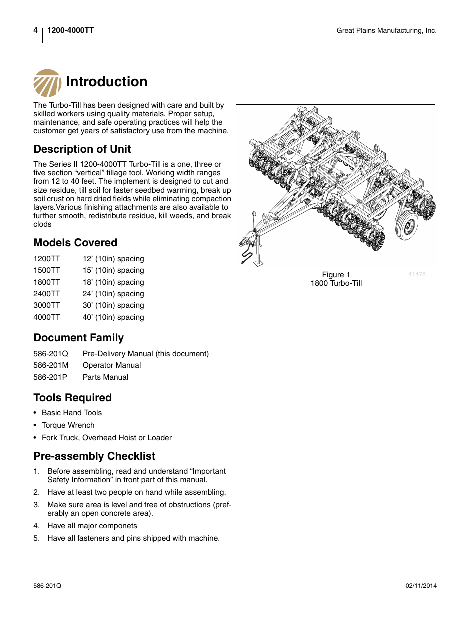 Introduction, Description of unit, Models covered | Document family, Tools required, Pre-assembly checklist, Models covered document family tools required | Great Plains 4000TT Predelivery Manual User Manual | Page 8 / 72