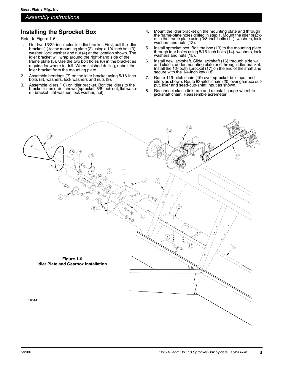 Installing the sprocket box, Assembly instructions | Great Plains EWF13 Assembly Instructions User Manual | Page 3 / 6
