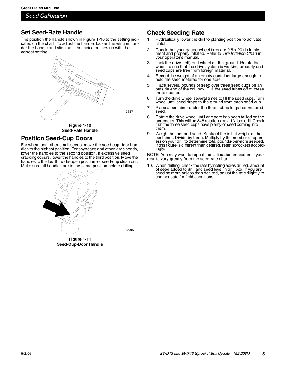 Set seed-rate handle, Position seed-cup doors, Check seeding rate | Seed calibration | Great Plains EWF13 Assembly Instructions User Manual | Page 5 / 6