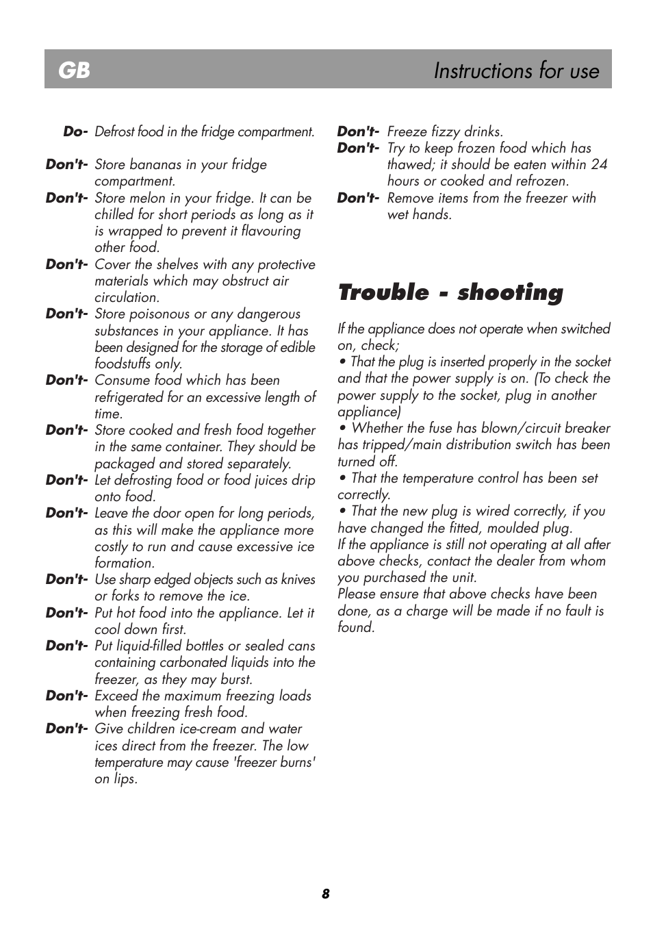 Instructions for use gb, Trouble - shooting | Beko BK 8192 PLUS User Manual | Page 12 / 19
