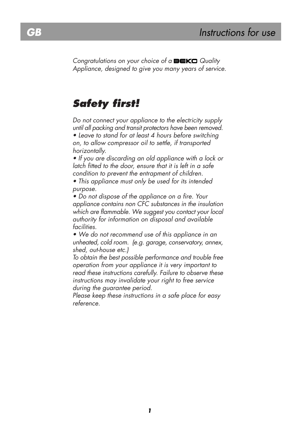 Instructions for use gb, Safety first | Beko BK 8192 PLUS User Manual | Page 5 / 19