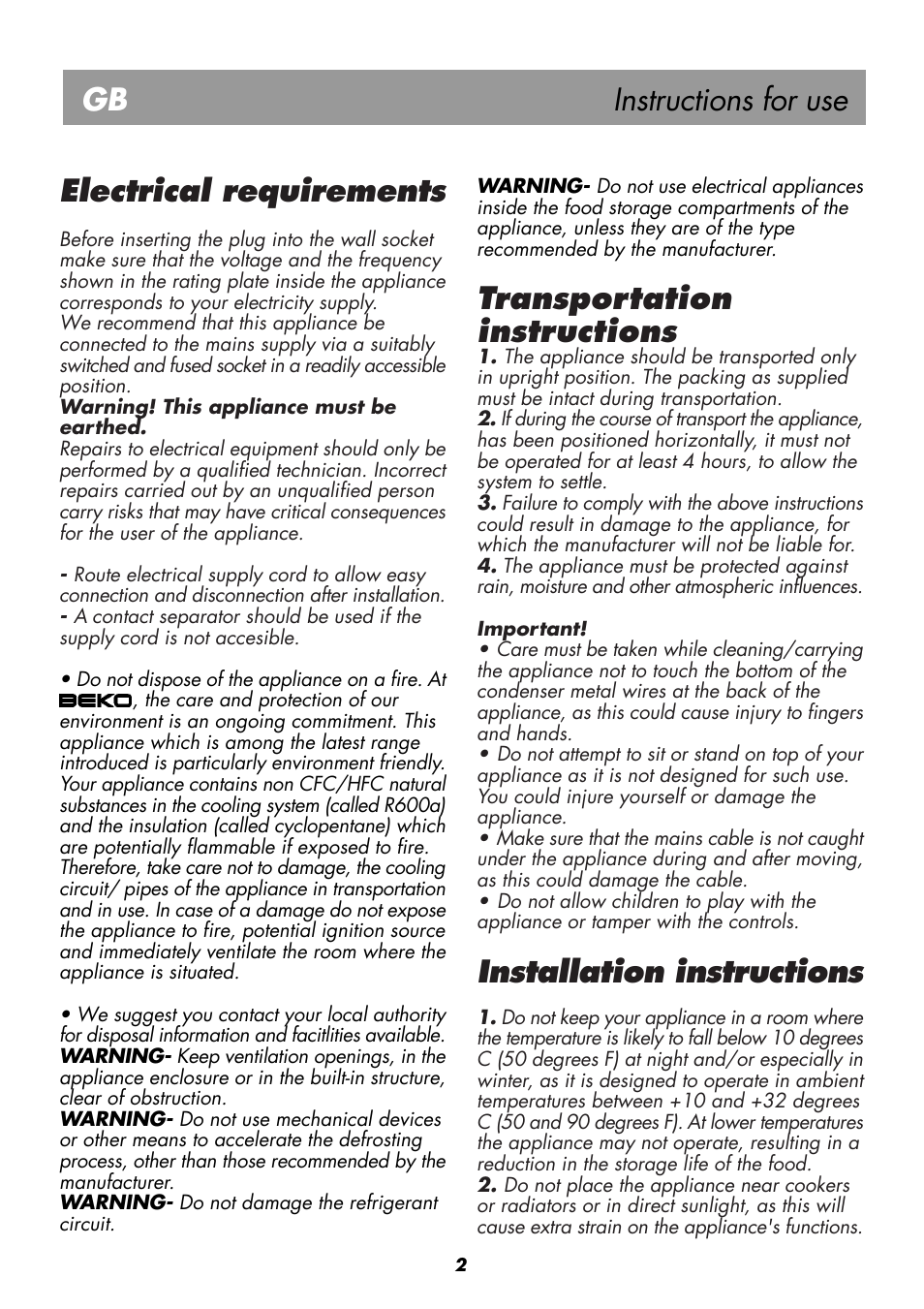 Instructions for use gb, Electrical requirements, Transportation instructions | Installation instructions | Beko BK 8192 PLUS User Manual | Page 6 / 19