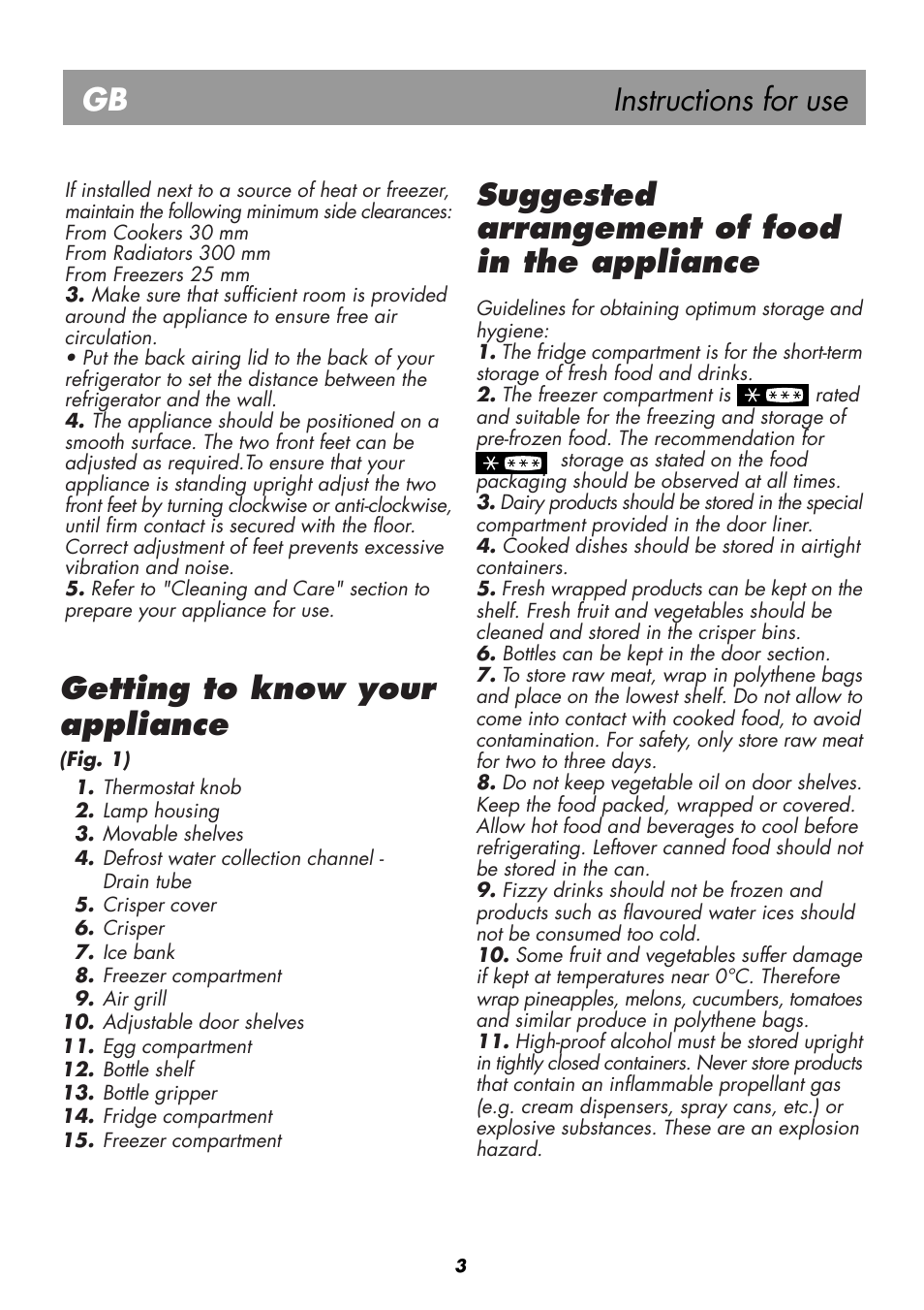 Instructions for use gb, Suggested arrangement of food in the appliance, Getting to know your appliance | Beko BK 8192 PLUS User Manual | Page 7 / 19