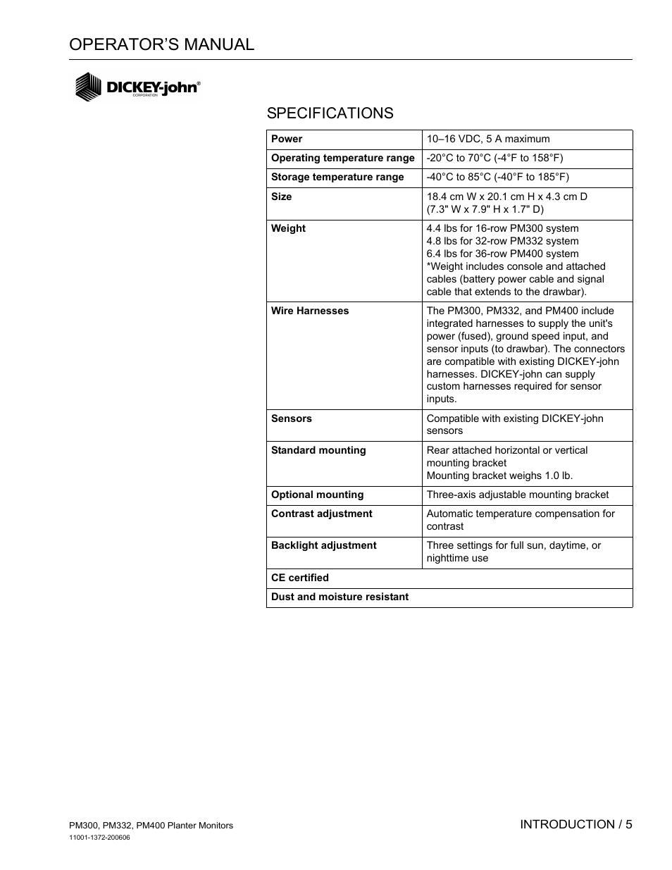 Specifications, Operator’s manual | Great Plains PM400 Monitor Operator User Manual | Page 11 / 60