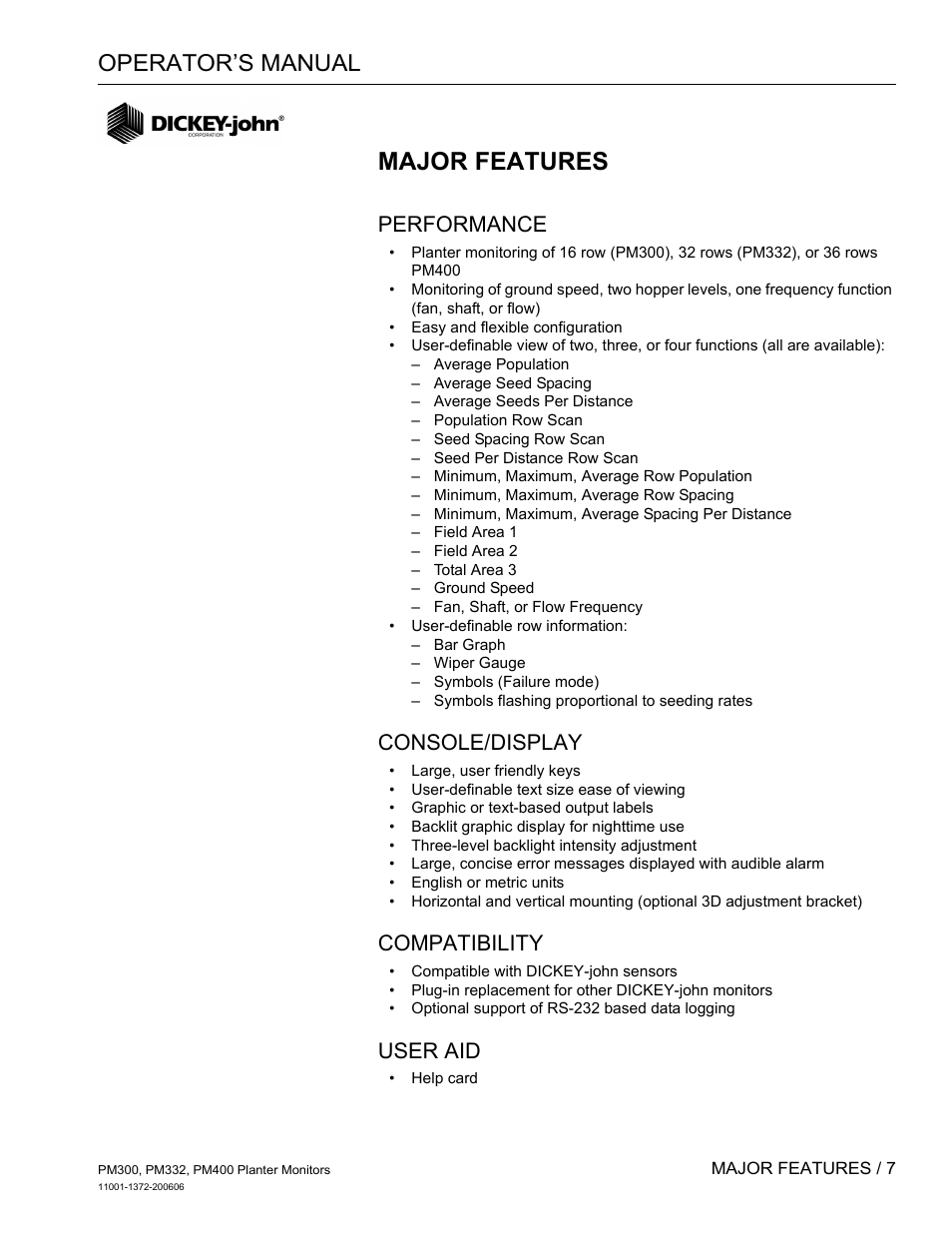 Major features, Performance, Console/display | Compatibility, User aid, Operator’s manual | Great Plains PM400 Monitor Operator User Manual | Page 13 / 60