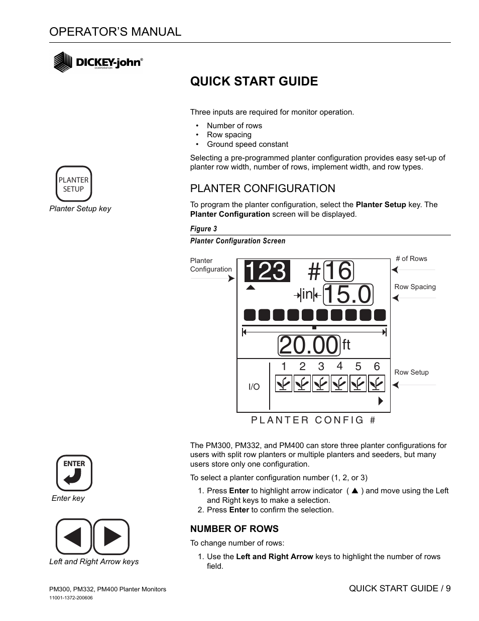 Quick start guide, Planter configuration, Number of rows | Great Plains PM400 Monitor Operator User Manual | Page 15 / 60
