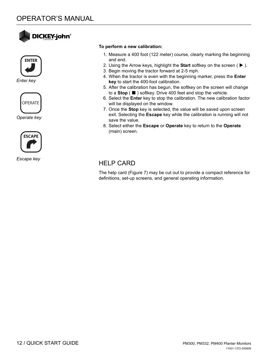 Help card, Operator’s manual | Great Plains PM400 Monitor Operator User Manual | Page 18 / 60
