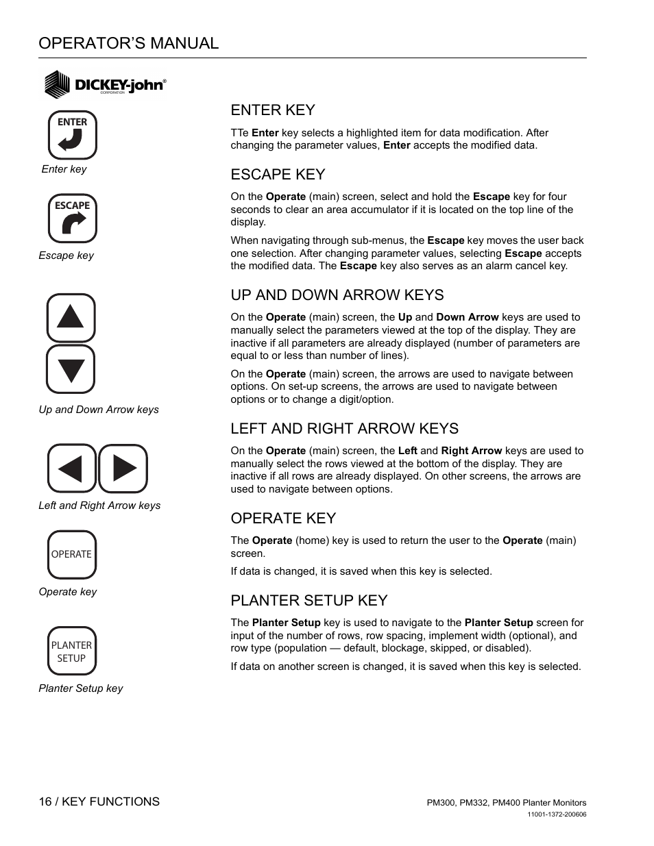 Enter key, Escape key, Up and down arrow keys | Left and right arrow keys, Operate key, Planter setup key, Operator’s manual | Great Plains PM400 Monitor Operator User Manual | Page 22 / 60