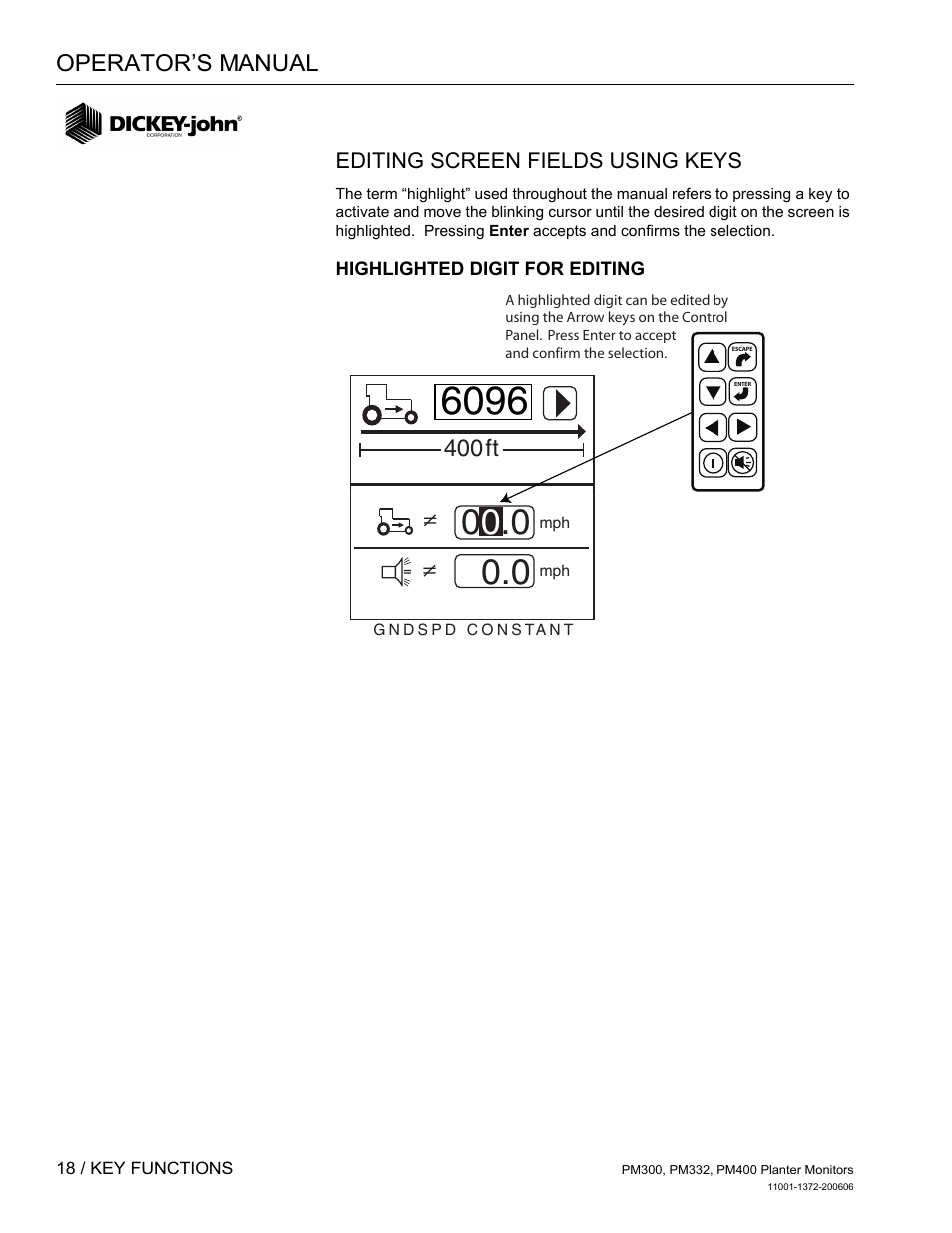 Editing screen fields using keys, Highlighted digit for editing | Great Plains PM400 Monitor Operator User Manual | Page 24 / 60