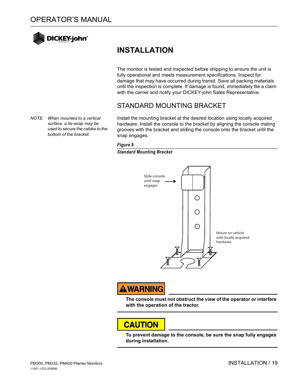 Installation, Standard mounting bracket, Operator’s manual | Great Plains PM400 Monitor Operator User Manual | Page 25 / 60