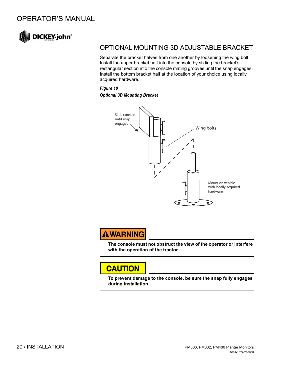 Optional mounting 3d adjustable bracket, Operator’s manual | Great Plains PM400 Monitor Operator User Manual | Page 26 / 60