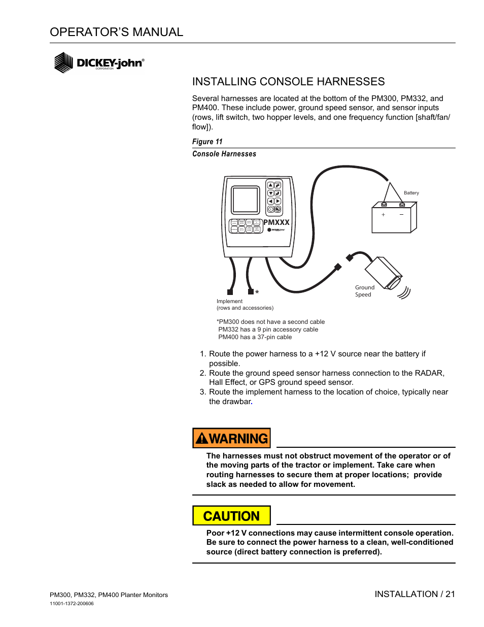 Installing console harnesses, Operator’s manual, Installation / 21 | Pmxxx | Great Plains PM400 Monitor Operator User Manual | Page 27 / 60
