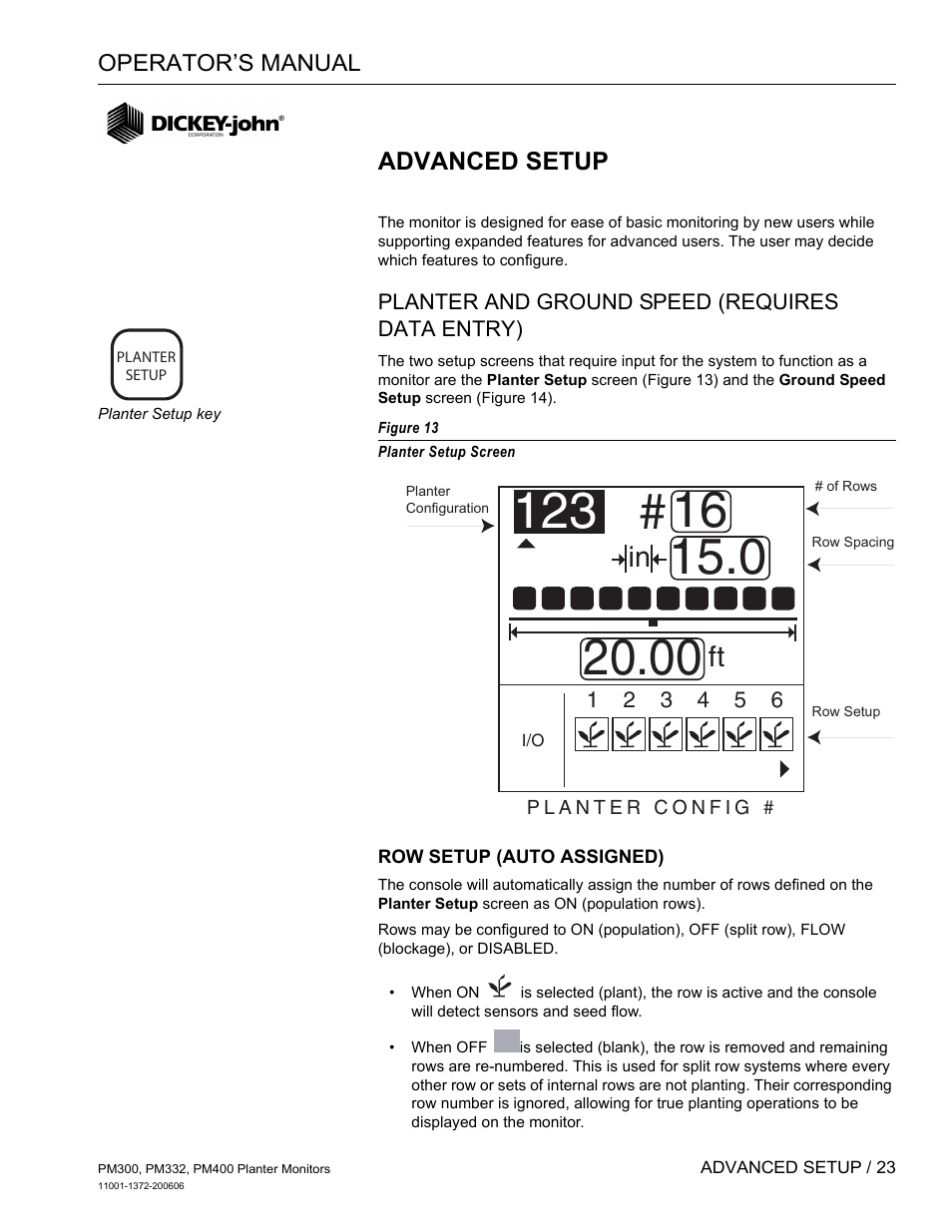 Advanced setup, Planter and ground speed (requires data entry), Row setup (auto assigned) | Great Plains PM400 Monitor Operator User Manual | Page 29 / 60