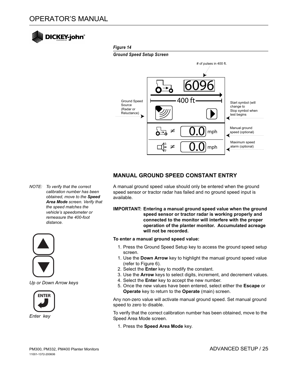 Manual ground speed constant entry, 400 ft, Operator’s manual | Great Plains PM400 Monitor Operator User Manual | Page 31 / 60