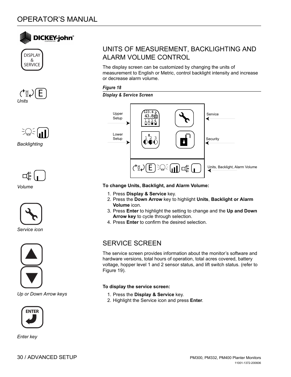 Service screen, Operator’s manual | Great Plains PM400 Monitor Operator User Manual | Page 36 / 60