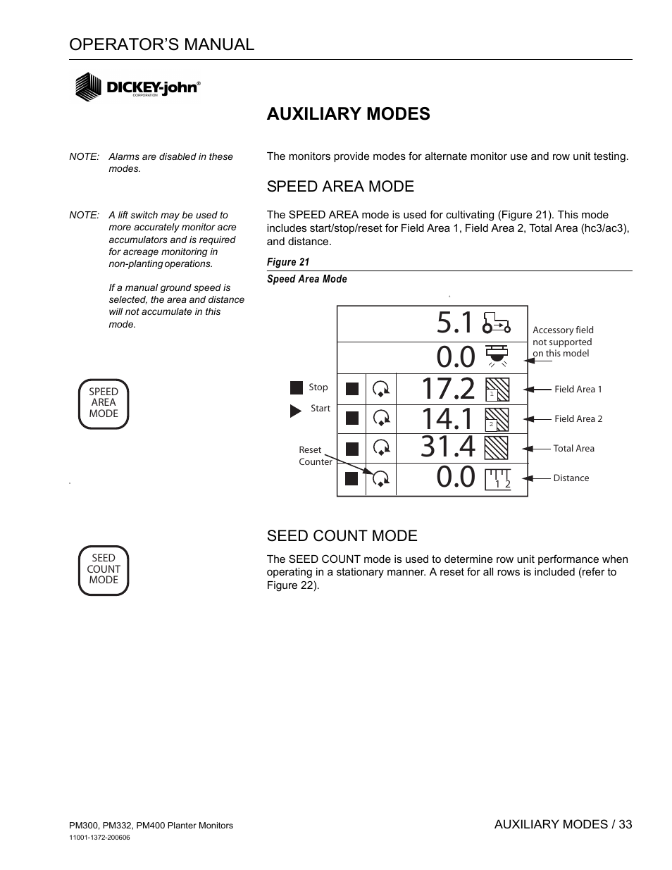 Auxiliary modes, Speed area mode, Seed count mode | Operator’s manual | Great Plains PM400 Monitor Operator User Manual | Page 39 / 60