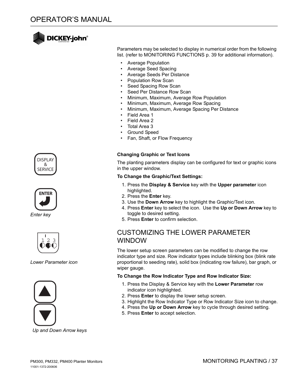 Customizing the lower parameter window, Operator’s manual | Great Plains PM400 Monitor Operator User Manual | Page 43 / 60