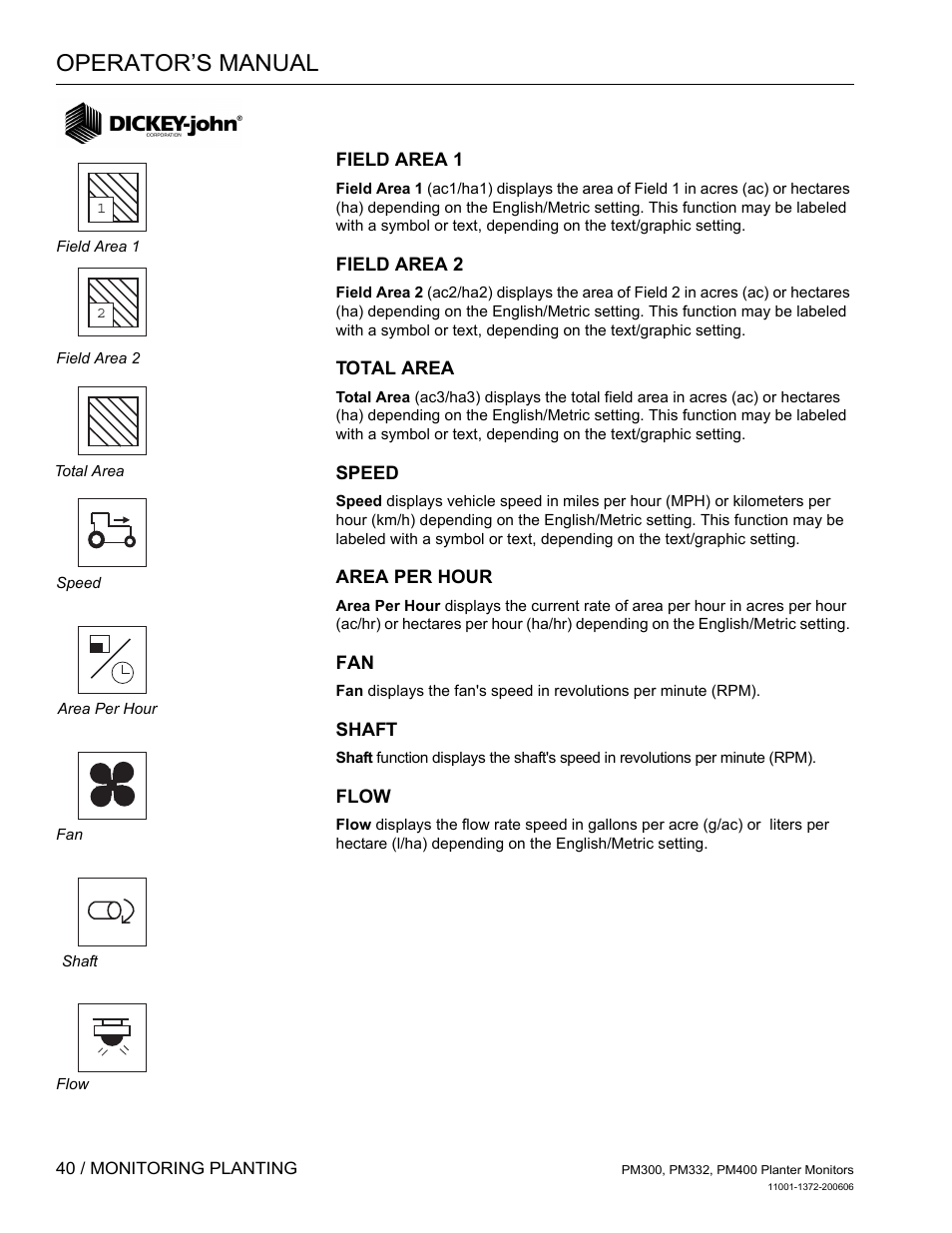 Field area 1, Field area 2, Total area | Speed, Area per hour, Shaft, Flow, Operator’s manual | Great Plains PM400 Monitor Operator User Manual | Page 46 / 60