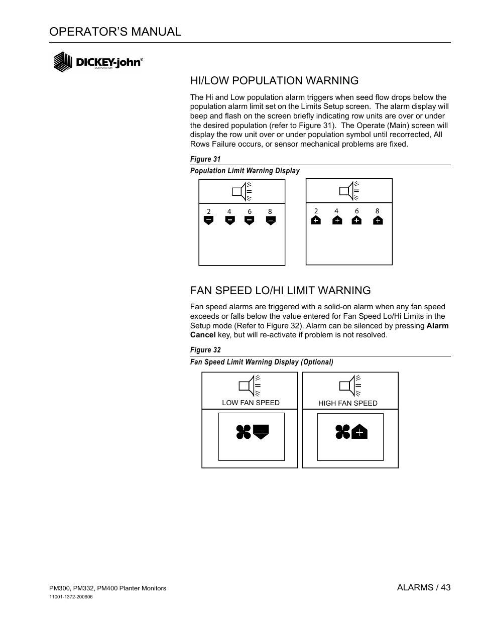 Hi/low population warning, Fan speed lo/hi limit warning, Operator’s manual | Great Plains PM400 Monitor Operator User Manual | Page 49 / 60