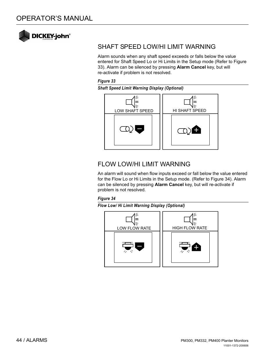 Shaft speed low/hi limit warning, Flow low/hi limit warning, Operator’s manual | Great Plains PM400 Monitor Operator User Manual | Page 50 / 60