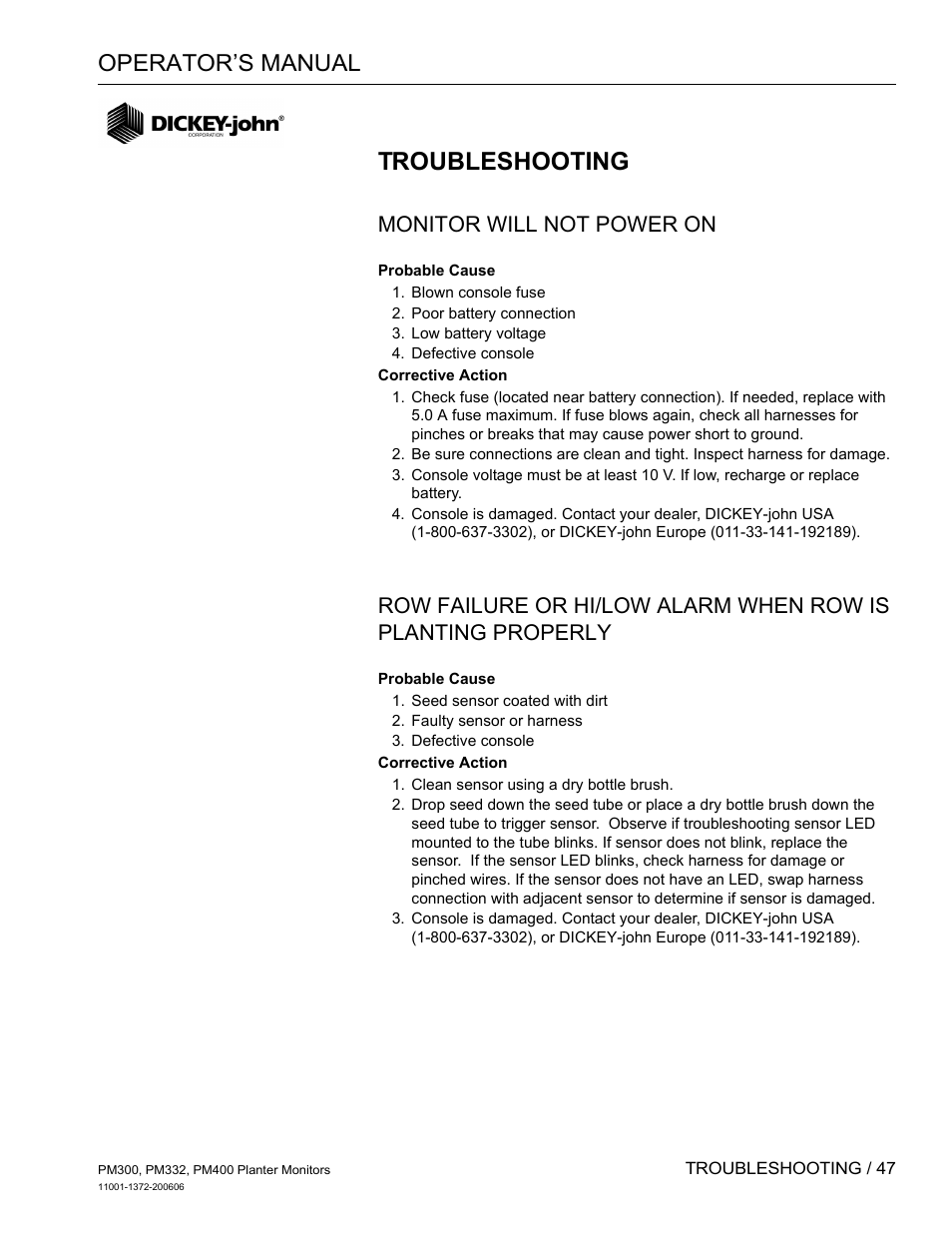 Troubleshooting, Monitor will not power on, Operator’s manual | Great Plains PM400 Monitor Operator User Manual | Page 53 / 60