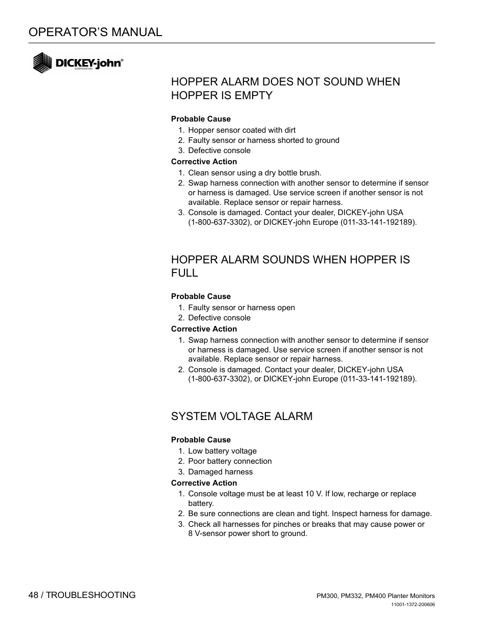 Operator’s manual, Hopper alarm does not sound when hopper is empty, Hopper alarm sounds when hopper is full | System voltage alarm | Great Plains PM400 Monitor Operator User Manual | Page 54 / 60
