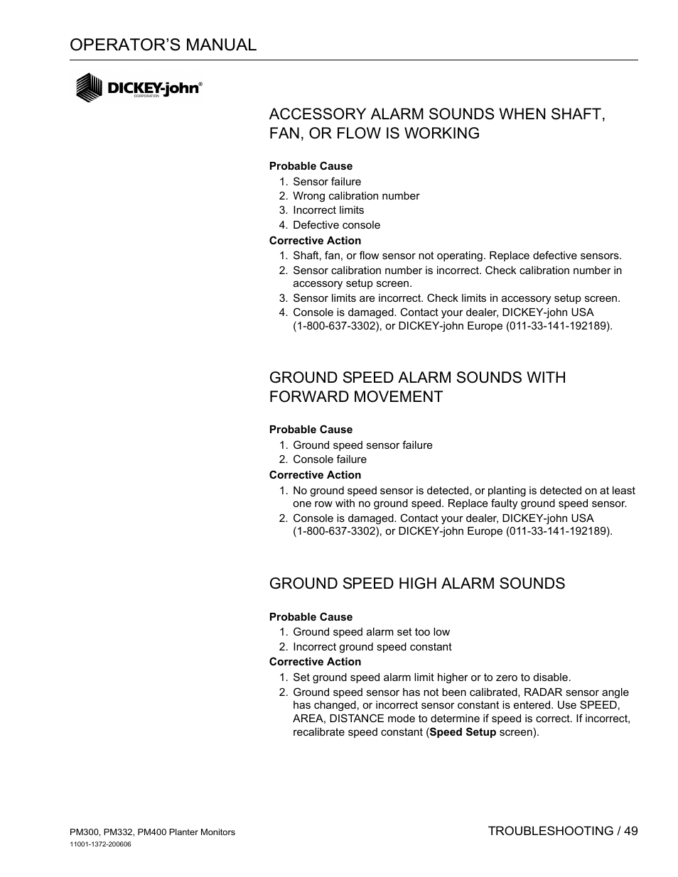 Operator’s manual, Ground speed alarm sounds with forward movement, Ground speed high alarm sounds | Great Plains PM400 Monitor Operator User Manual | Page 55 / 60