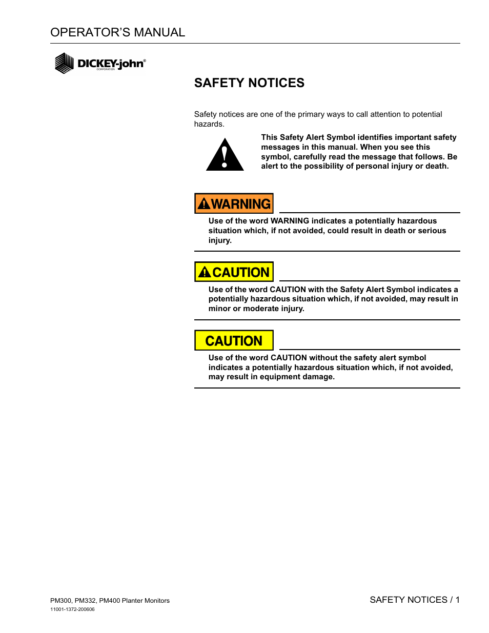 Safety notices | Great Plains PM400 Monitor Operator User Manual | Page 7 / 60