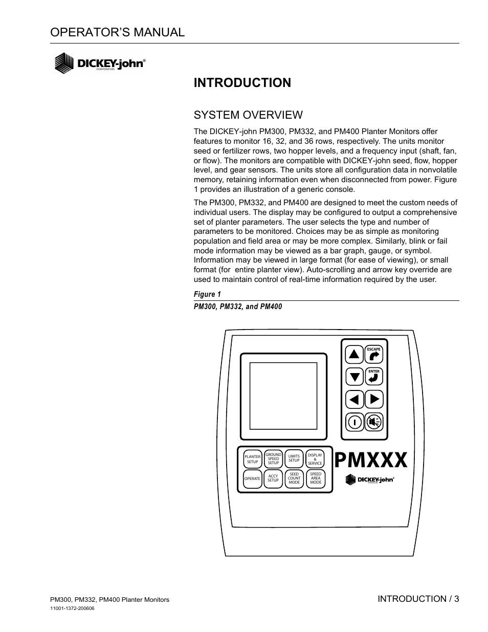 Introduction, System overview, Pmxxx | Operator’s manual, Introduction / 3 | Great Plains PM400 Monitor Operator User Manual | Page 9 / 60