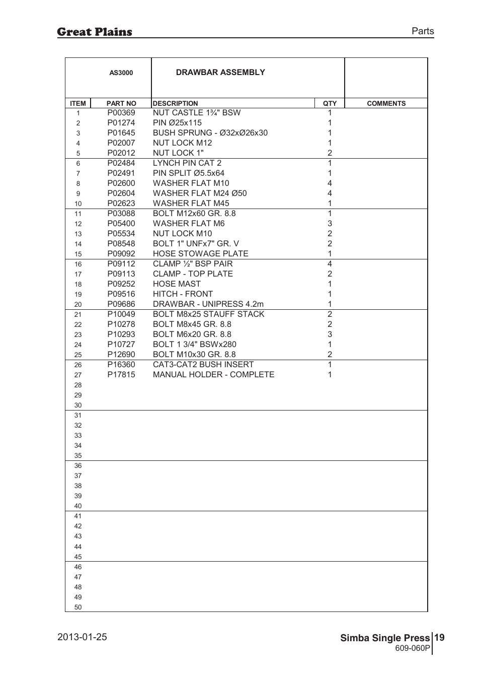 Single press, 48 7. parts and assembly, Das 30 00 | 49 single press, Parts and assembly, Parts 19 simba single press, Operating instructions, Drawbar assembly - 4.2m, 060p, Si m b a | Great Plains Simba Single Press Parts Manual User Manual | Page 19 / 122